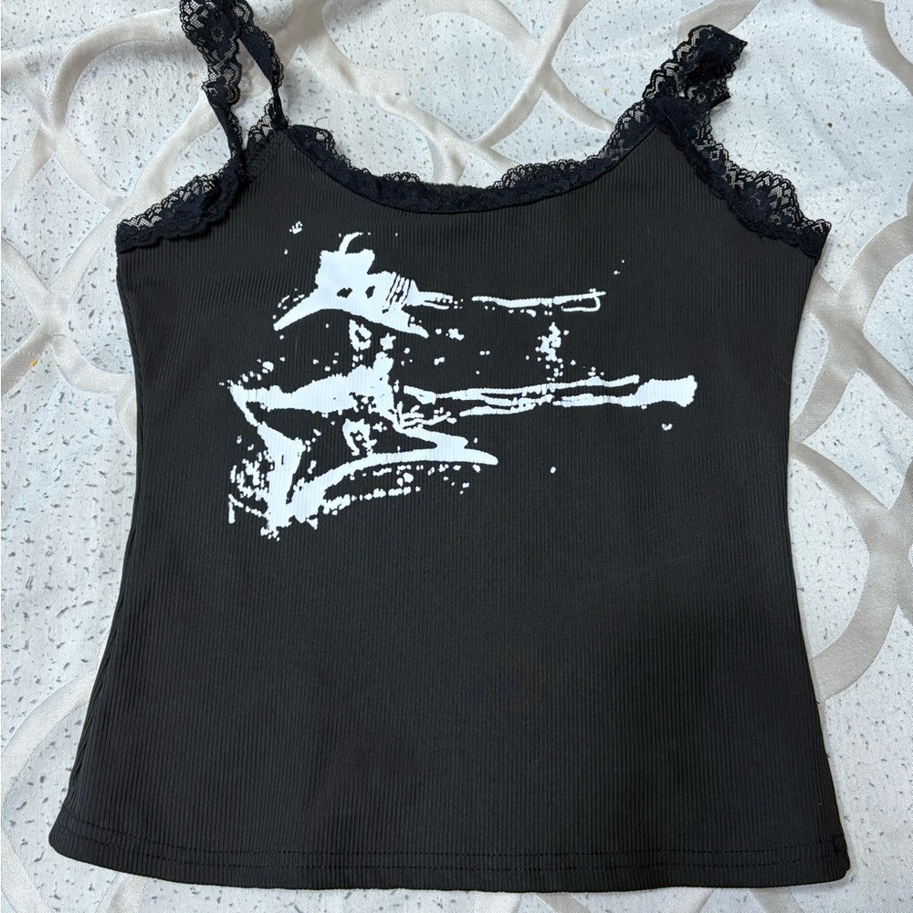Black Lace Trim Graphic Tank Top